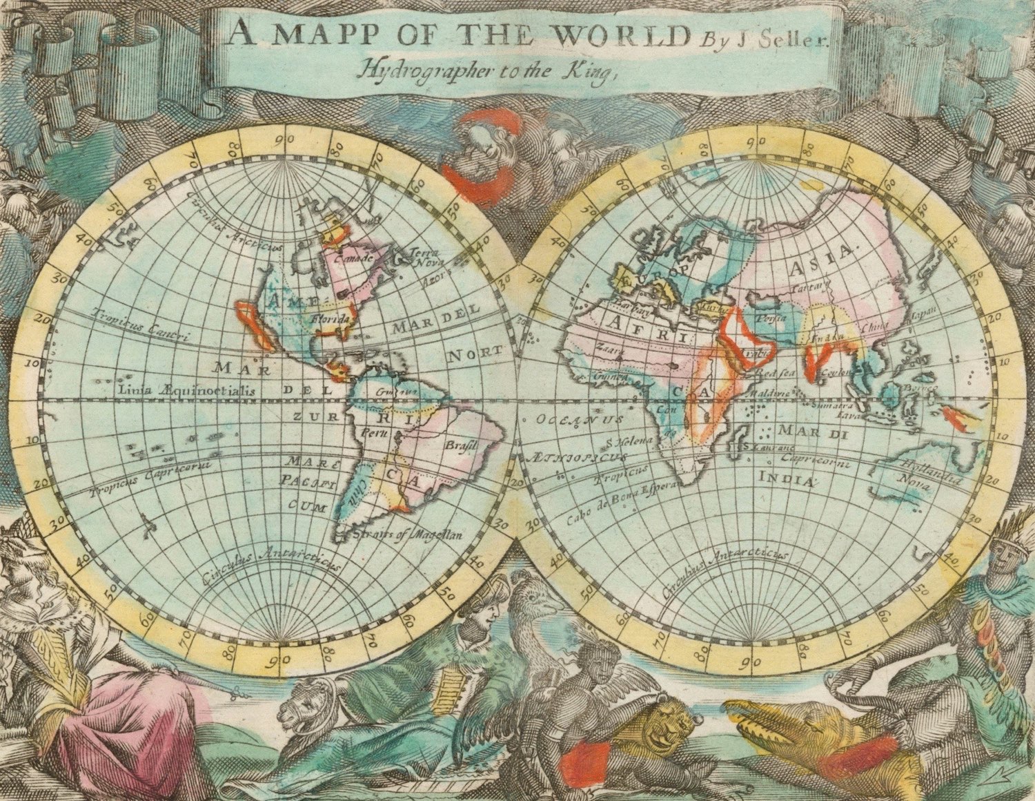 Ancienne carte du monde en double hémisphère, John Seller, ornée de cartouches